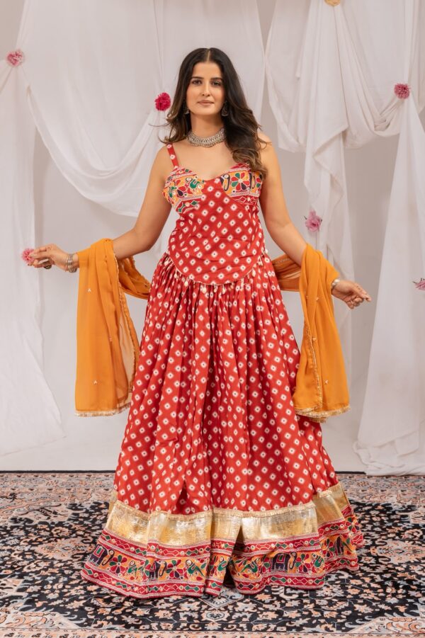 Navratri Special Red Color Pure Cotton Fabric Digital Print With Embroidery Mirror Work Lehenga