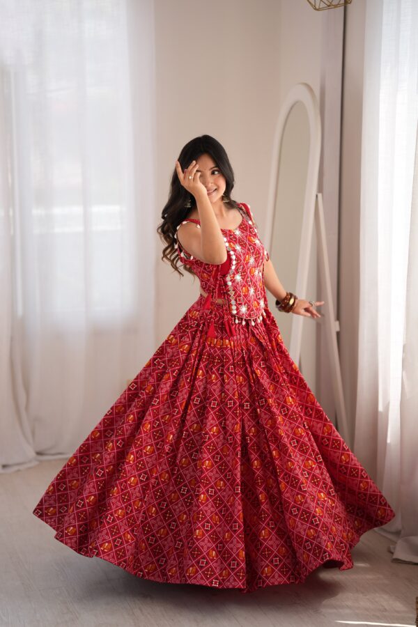 Navratri Special Red Color Rayon Fabric Digital Print Work Koti Style Lehenga