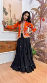 Navratri Special Rust Orange Color Rayon Cotton Fabric Hand Mirror Work Koti Style Lehenga