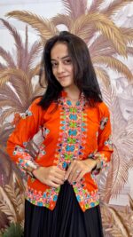 Navratri Special Rust Orange Color Rayon Cotton Fabric Hand Mirror Work Koti Style Lehenga