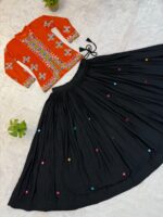 Navratri Special Rust Orange Color Rayon Cotton Fabric Hand Mirror Work Koti Style Lehenga