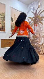 Navratri Special Rust Orange Color Rayon Cotton Fabric Hand Mirror Work Koti Style Lehenga