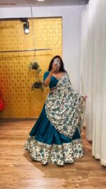 Navratri Special Teal Blue Color Malai Satin Silk Fabric Digital Print With Real Mirror Work Lehenga