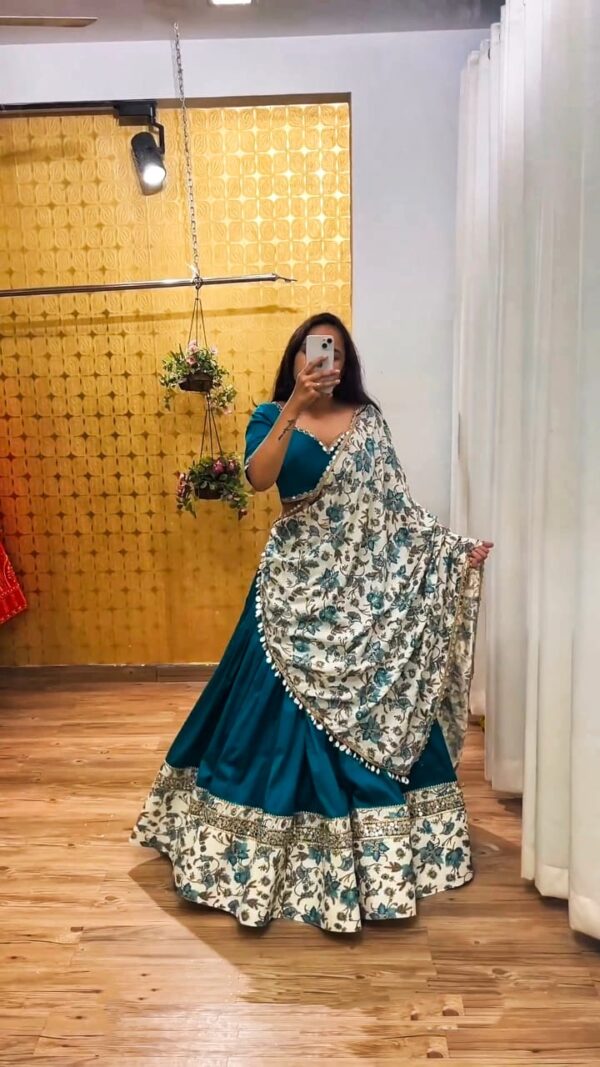 Navratri Special Teal Blue Color Malai Satin Silk Fabric Digital Print With Real Mirror Work Lehenga