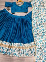 Navratri Special Teal Blue Color Malai Satin Silk Fabric Digital Print With Real Mirror Work Lehenga