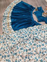 Navratri Special Teal Blue Color Malai Satin Silk Fabric Digital Print With Real Mirror Work Lehenga