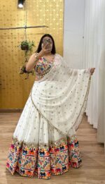 Navratri Special White Color Georgette Fabric Digital Print With Real Mirror Work Lehenga