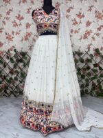 Navratri Special White Color Georgette Fabric Digital Print With Real Mirror Work Lehenga