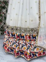 Navratri Special White Color Georgette Fabric Digital Print With Real Mirror Work Lehenga