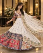 Navratri Special White Color Malai Satin Silk Fabric Digital Print With Real Mirror Work Lehenga