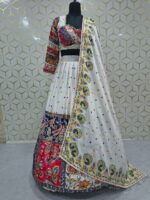 Navratri Special White Color Malai Satin Silk Fabric Digital Print With Real Mirror Work Lehenga
