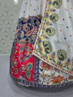 Navratri Special White Color Malai Satin Silk Fabric Digital Print With Real Mirror Work Lehenga