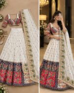 Navratri Special White Color Malai Satin Silk Fabric Digital Print With Real Mirror Work Lehenga