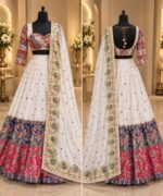 Navratri Special White Color Malai Satin Silk Fabric Digital Print With Real Mirror Work Lehenga