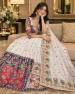 Navratri Special White Color Malai Satin Silk Fabric Digital Print With Real Mirror Work Lehenga