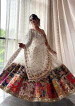 Navratri Special White Color Malai Satin Silk Fabric Digital Print With Real Mirror Work Lehenga