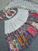 Navratri Special White Color Malai Satin Silk Fabric Digital Print With Real Mirror Work Lehenga
