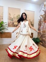 Navratri Special White Color Pure Cotton Fabric Hand Print Work Koti Style Lehenga