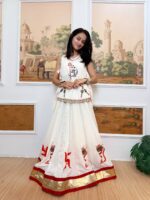 Navratri Special White Color Pure Cotton Fabric Hand Print Work Koti Style Lehenga
