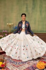 Navratri Special White Color Rayon Cotton Fabric Mirror Hand Work Lehenga