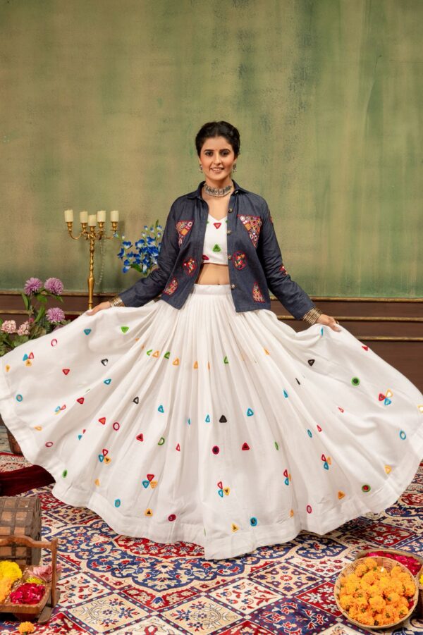Navratri Special White Color Rayon Cotton Fabric Mirror Hand Work Lehenga
