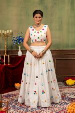 Navratri Special White Color Rayon Cotton Fabric Mirror Hand Work Lehenga