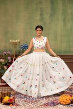 Navratri Special White Color Rayon Cotton Fabric Mirror Hand Work Lehenga