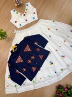 Navratri Special White Color Rayon Cotton Fabric Mirror Hand Work Lehenga