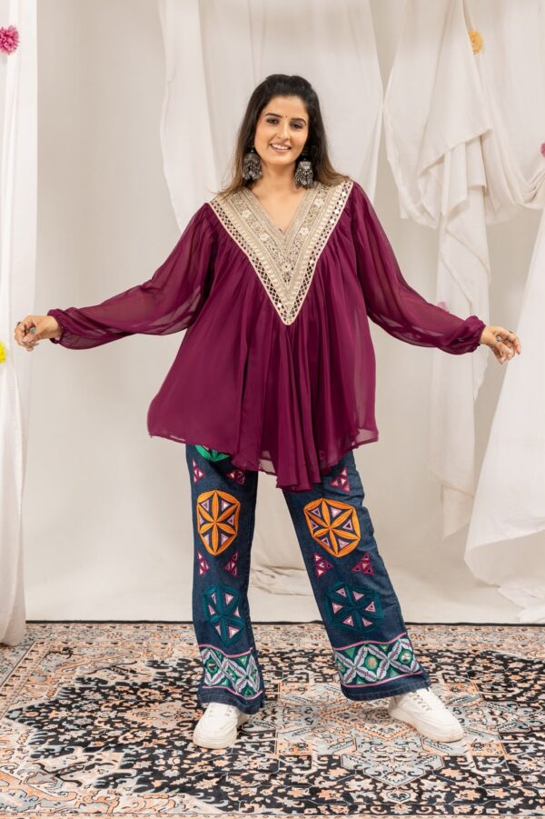 Navratri Special Wine Color Faux Georgette Fabric Real Mirror Hand Work Kediya Jeans Set