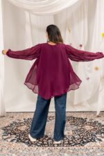 Navratri Special Wine Color Faux Georgette Fabric Real Mirror Hand Work Kediya Jeans Set