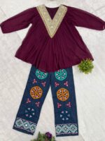 Navratri Special Wine Color Faux Georgette Fabric Real Mirror Hand Work Kediya Jeans Set