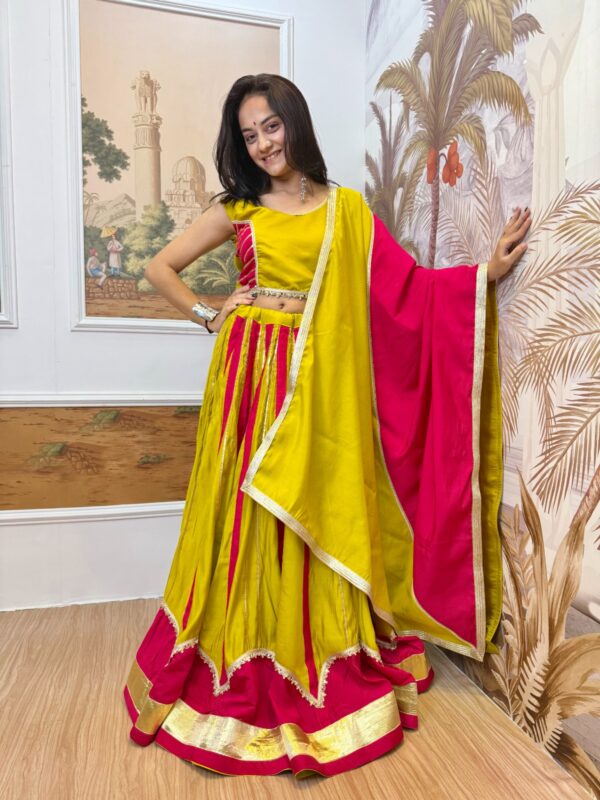 Navratri Special Yellow Color Roman Silk Fabric Fancy Lace Work Lehenga