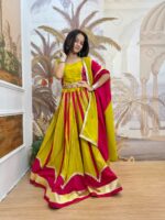 Navratri Special Yellow Color Roman Silk Fabric Fancy Lace Work Lehenga