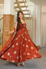 Orange Color Karishma Silk Fabric Thread With Sequence Work Anarkali Suit