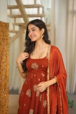 Orange Color Karishma Silk Fabric Thread With Sequence Work Anarkali Suit