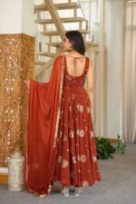 Orange Color Karishma Silk Fabric Thread With Sequence Work Anarkali Suit
