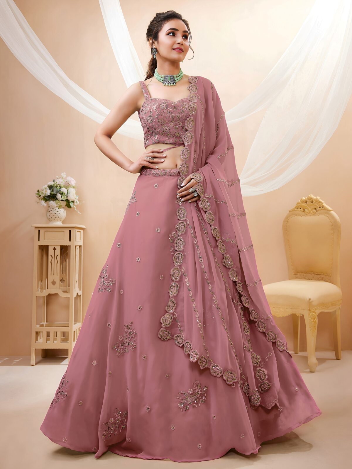 Peach Color Georgette Fabric Sequence With Jari Work Lehenga