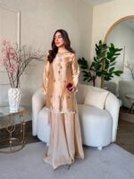 Peach Color Japan Satin Fabric Thread Work Palazzo Suit
