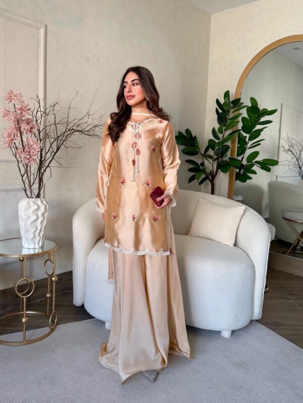 Peach Color Japan Satin Fabric Thread Work Palazzo Suit