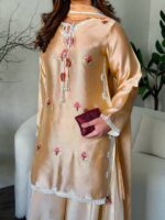 Peach Color Japan Satin Fabric Thread Work Palazzo Suit