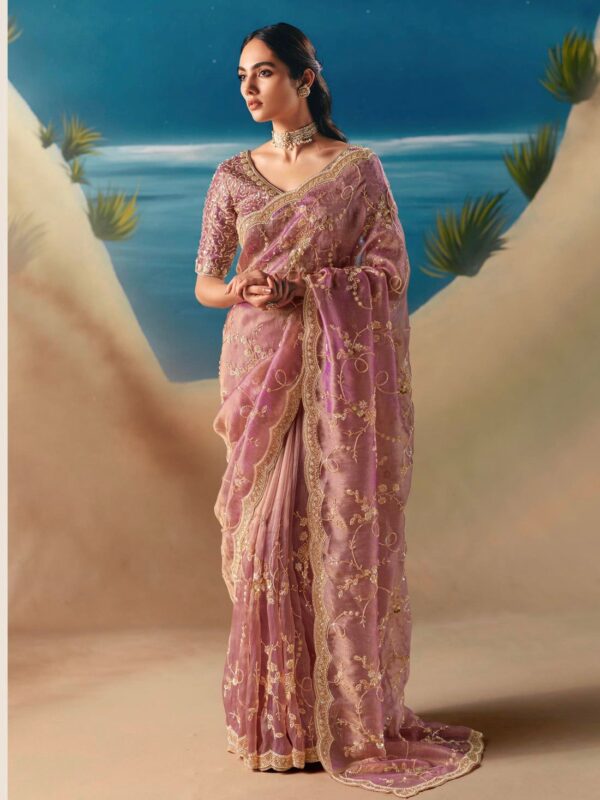 Pink Color Fendi Silk Fabric Sequence With Bead Work Saree