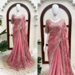 Pink Color Fendi Silk Fabric Sequence With Bead Work Saree