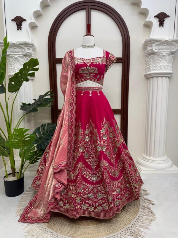 Pink Color Mul Chanderi Fabric Thread With Sequence Work Lehenga