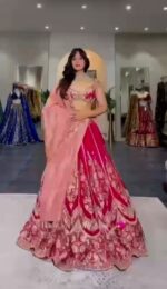 Pink Color Mul Chanderi Fabric Thread With Sequence Work Lehenga