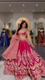 Pink Color Mul Chanderi Fabric Thread With Sequence Work Lehenga
