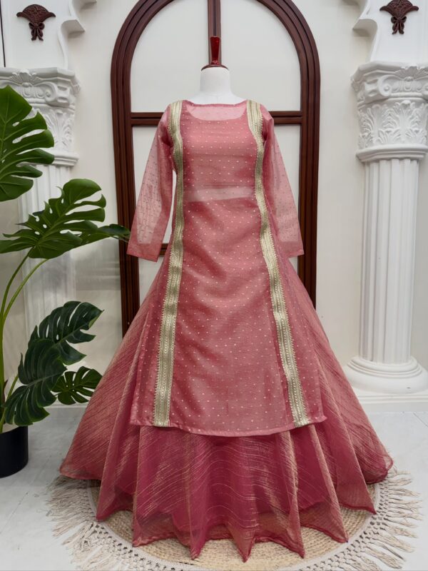 Pink Color Salsa Butti Fabric Fancy Lace Work Top Lehenga Set