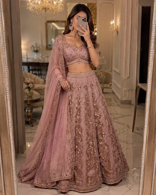 Pink Color Soft Butterfly Net Fabric Glass Sequence Work Lehenga