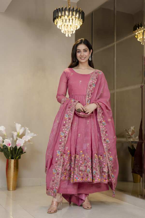 Pink Color Soft Crunchy Silk Fabric Sequence With Thread Work Gown
