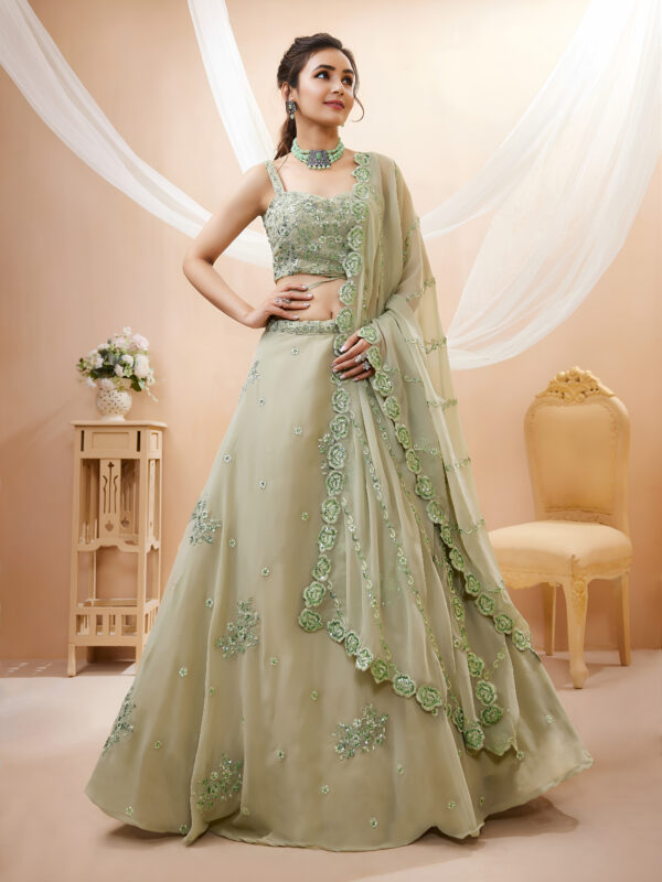 Pista Color Georgette Fabric Sequence With Jari Work Lehenga