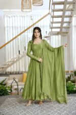 Pista Color Salsa Silk Fabric Foil Work Gown